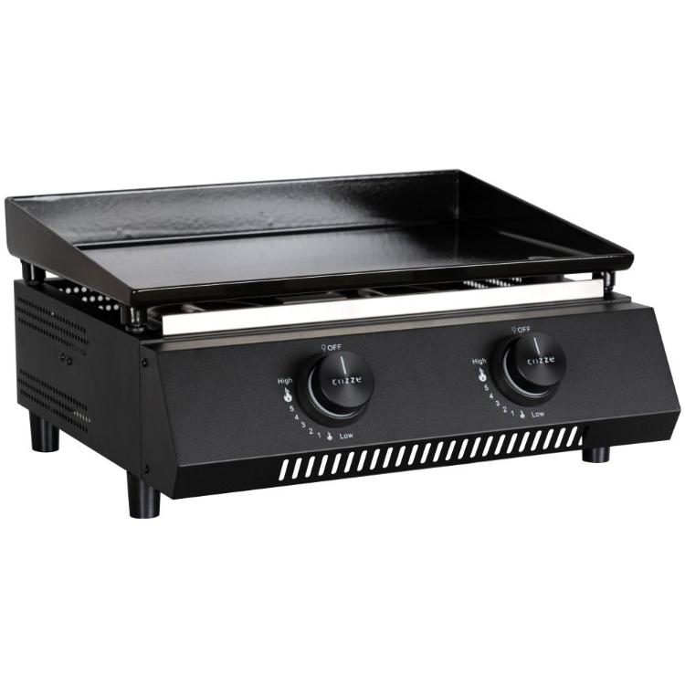 Plinski žar Cozze Plancha G‑400 z gladko ploščo za peko in dvema regulatorjema moči, sprednji pogled.