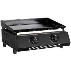 Plinski žar Cozze Plancha G‑400 z gladko ploščo za peko in dvema regulatorjema moči, sprednji pogled.