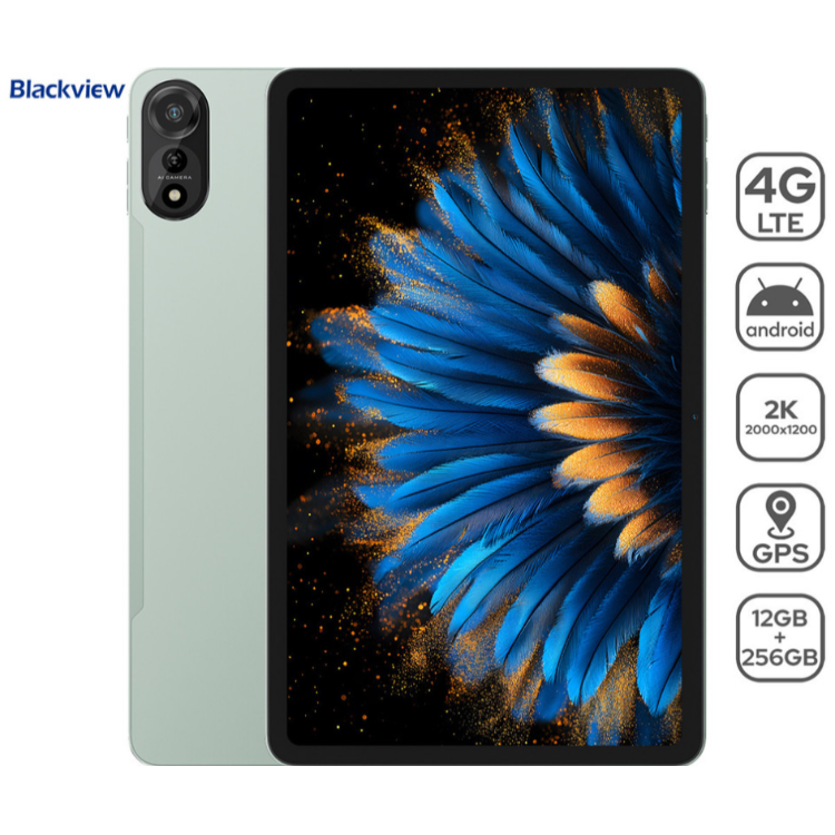 Blackview tablični računalnik z oznakami 4G LTE, Android, 2K zaslon, GPS in 12 GB + 256 GB.