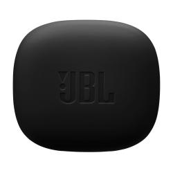 Zaprt črn polnilni etui JBL Vibe Flex 2 z vgraviranim logotipom na sredini.