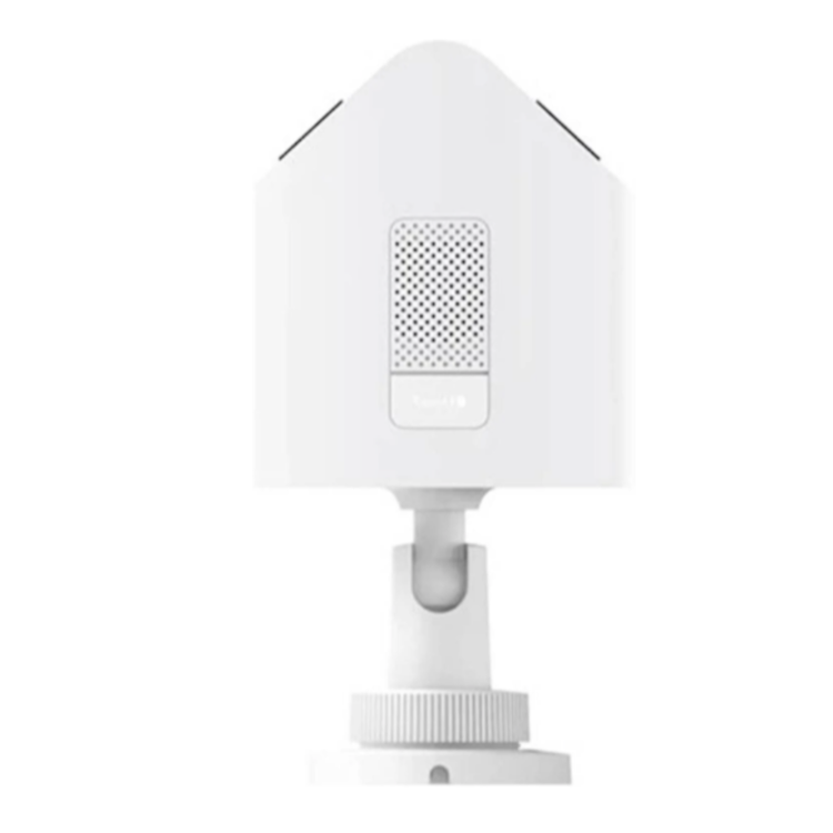 Xiaomi Outdoor Camera AW300 v beli barvi, prikazana z zadnje strani z zvočnikom in nosilcem za montažo.