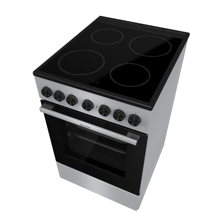 Električni štedilnik Gorenje GEC5B60SG s steklokeramično kuhalno ploščo, prikazan iz zgornje sprednje perspektive.