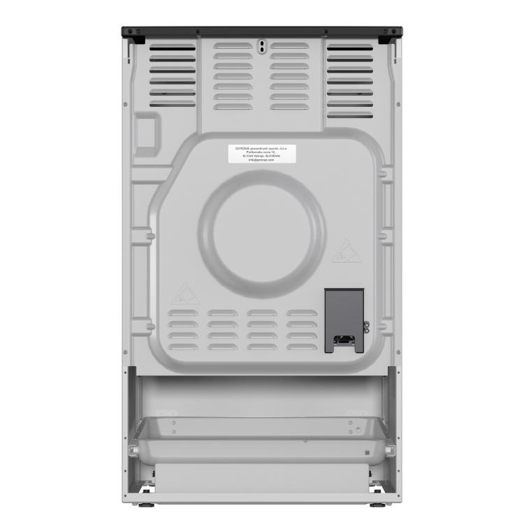 Zadnja stran električnega štedilnika Gorenje GEC5B60SG z ohišjem, prezračevalnimi odprtinami in priključnim delom.