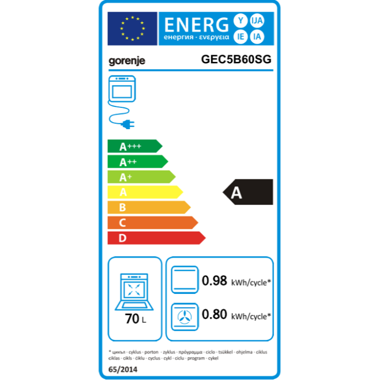Energetska nalepka EU za električni štedilnik Gorenje GEC5B60SG z energijskim razredom A, prostornino pečice 70 l ter porabo 0,98 kWh na cikel pri običajnem in 0,80 kWh pri ventilatorskem pečenju.