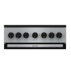 Upravljalna plošča električnega štedilnika Gorenje GEC5B60SG z vrtljivimi gumbi za pečico in kuhalna območja.