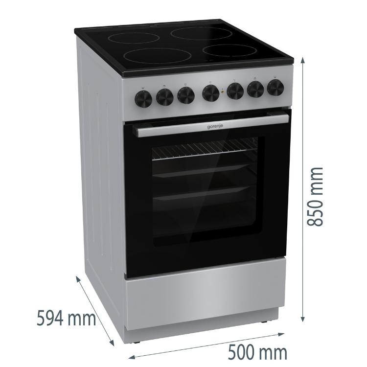 Električni štedilnik Gorenje GEC5B60SG z označenimi dimenzijami 500 × 594 × 850 mm.