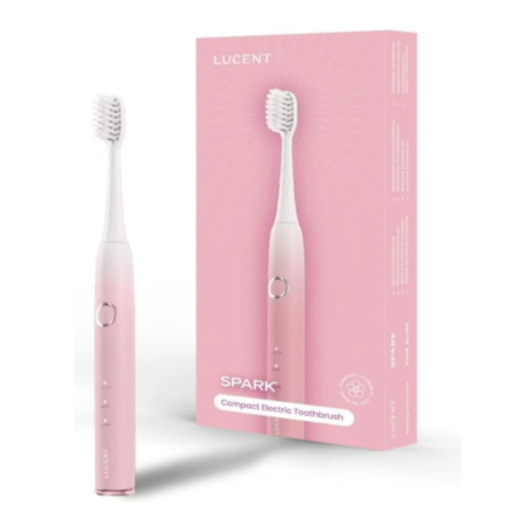 Lucent: Paket Spark Compact Electric Toothbrush v roza barvi, ščetka in embalaža z napisom Lucent in Spark