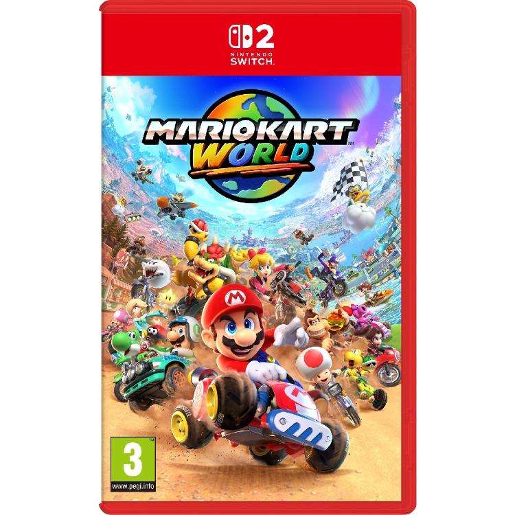 Mario Kart World za Nintendo Switch 2, uradna naslovnica dirkalne igre z Mariom, Peach, Bowserjem in drugimi liki na globalnih progah.