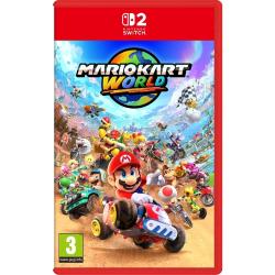 Mario Kart World za Nintendo Switch 2, uradna naslovnica dirkalne igre z Mariom, Peach, Bowserjem in drugimi liki na globalnih progah.
