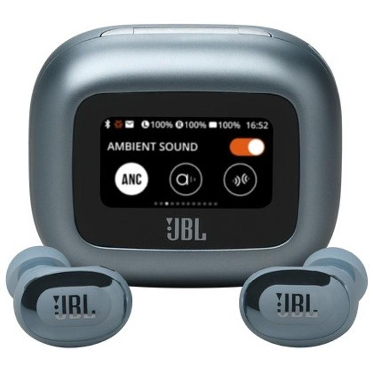 Brezžične ušesne slušalke v modrem polnilnem ohišju z zaslonom za upravljanje zvoka