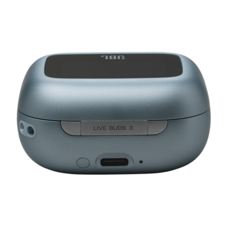 Zaprto modro polnilno ohišje za brezžične slušalke, zadnja stran z vrati za polnjenje