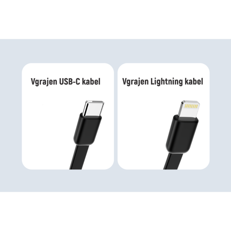 Prikaz vgrajenih kablov Chameleon: USB‑C in Lightning, namenjena polnjenju različnih naprav.