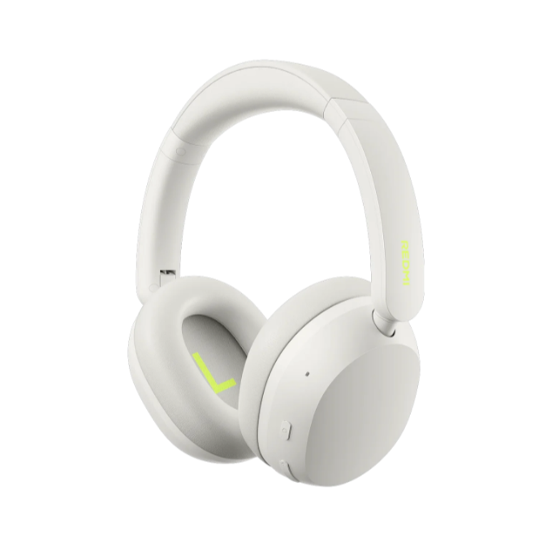 Redmi naglavne slušalke, bele, kotni pogled, L/R oznake v neon barvi, gumbi in Bluetooth upravljanje.