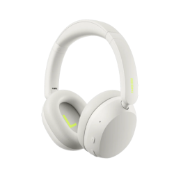 Redmi naglavne slušalke, bele, kotni pogled, L/R oznake v neon barvi, gumbi in Bluetooth upravljanje.