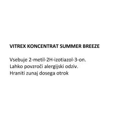 Besedilo z opozorilom o sestavi koncentrata Vitrex Summer Breeze in nevarnosti alergijske reakcije