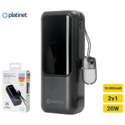 Platinet PMPB1020P 2V1, 20W, 10.000mAh z embalažo izdelka in poudarjenimi lastnostmi: 10.000mAh, funkcija 2v1 in hitro polnjenje 20W.