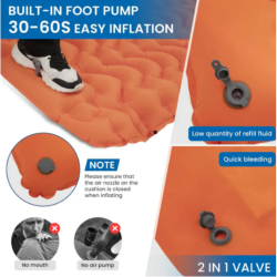 Vgrajena nožna črpalka napihljive kamping blazine KingCamp, hitro napihovanje v 30–60 sekundah.