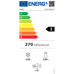 Energijska nalepka za hladilnik Candy ECN2CQTEB186 z razredom E, porabo 270 kWh/leto, prostornino 120 L (zamrzovalnik) in 235 L (hladilnik) ter glasnostjo 38 dB