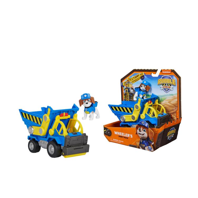 Igralno gradbeno vozilo Wheeler's Dump Truck iz Rubble & Crew s figurico Wheeler in prekucnim kesonom, za otroke 3+.