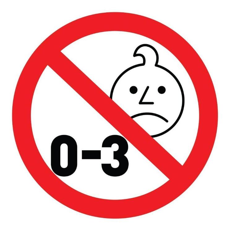 Opozorilni simbol prepovedi za otroke od 0 do 3 let zaradi majhnih delov.