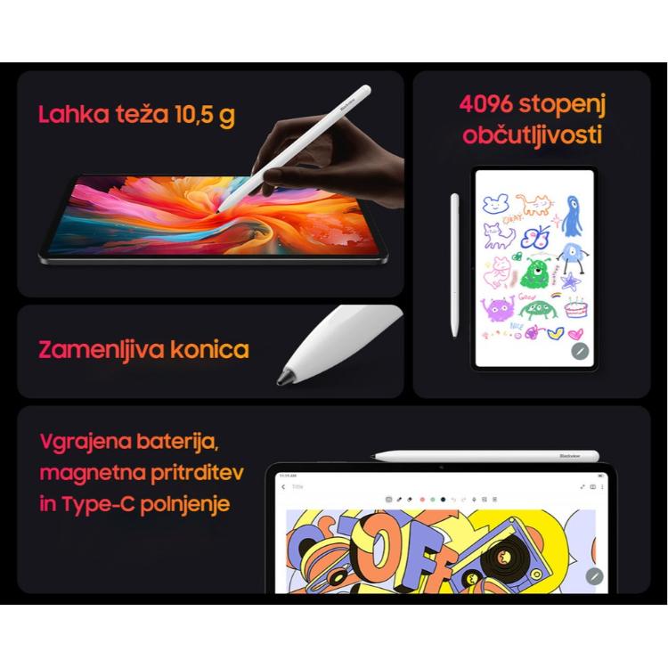 Pisalo za tablico BlackView Magnetic S Pen Gen2, stylus pisalo za TAB 18, magnetno pritrjevanje, 4096 stopenj občutljivosti, polnilna baterija, USB Type-C polnjenje, ultra lahka teža, bela