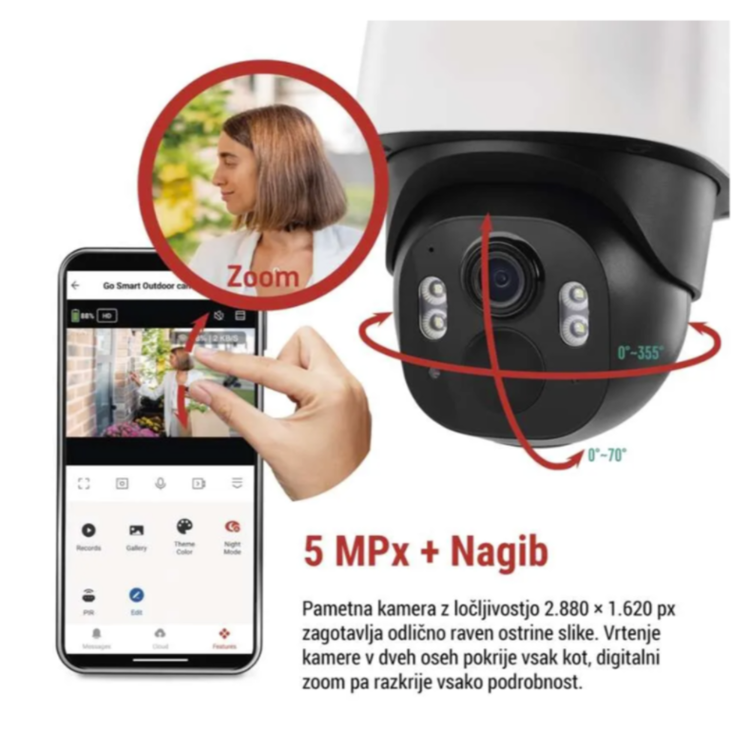 GoSmart IP-1200 zunanja vrtljiva kamera, prikazana z digitalnim zoomom ter možnostjo vrtenja za 355° vodoravno in 70° navpično.