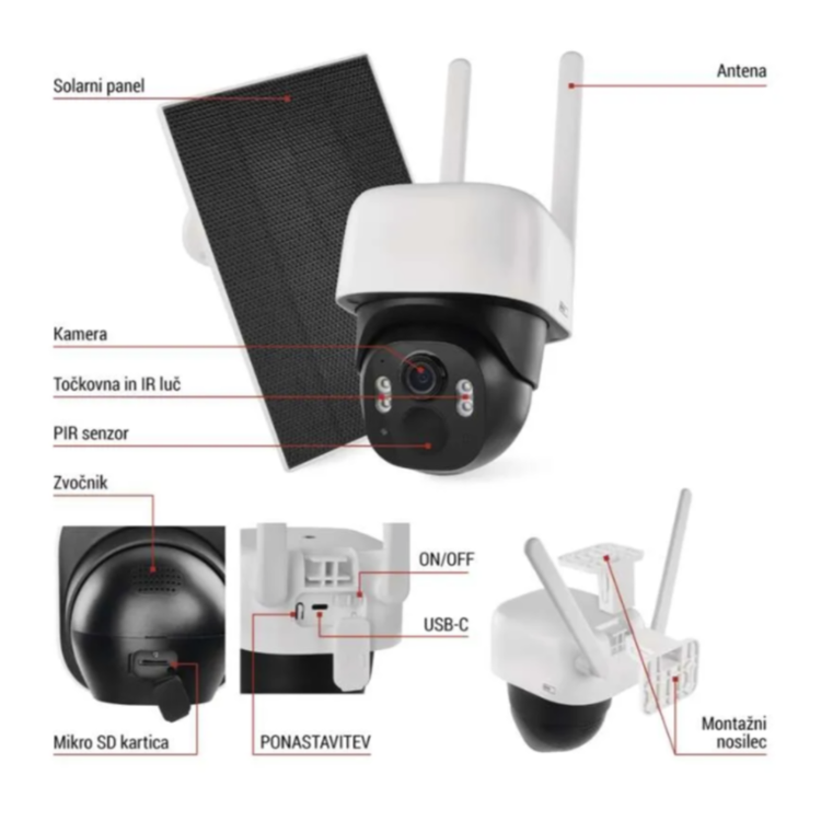 GoSmart IP-1200 zunanja vrtljiva kamera, prikazana s tehničnim prikazom kamere, solarnega panela, anten, priključka USB‑C, reže za mikro SD kartico in montažnega nosilca.