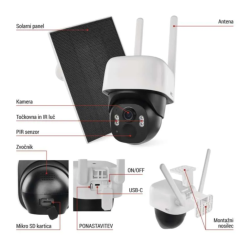 GoSmart IP-1200 zunanja vrtljiva kamera, prikazana s tehničnim prikazom kamere, solarnega panela, anten, priključka USB‑C, reže za mikro SD kartico in montažnega nosilca.