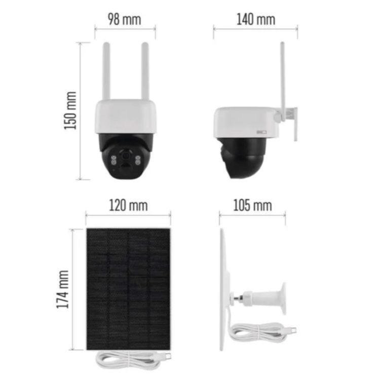 GoSmart IP-1200 zunanja vrtljiva kamera, prikazana s tehničnim prikazom dimenzij kamere in solarnega panela. Vidne so dimenzije kamere 150 × 98 × 140 mm ter solarnega panela 174 × 120 mm.