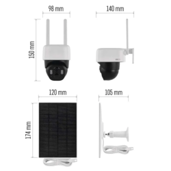 GoSmart IP-1200 zunanja vrtljiva kamera, prikazana s tehničnim prikazom dimenzij kamere in solarnega panela. Vidne so dimenzije kamere 150 × 98 × 140 mm ter solarnega panela 174 × 120 mm.