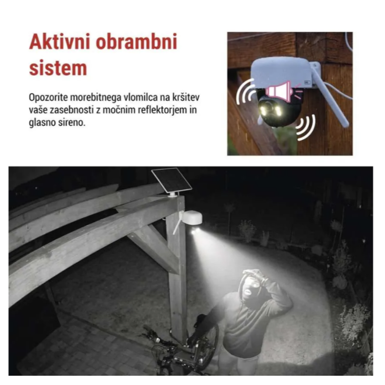 GoSmart IP-1200 zunanja vrtljiva kamera, prikazana z aktivnim obrambnim sistemom, LED osvetlitvijo in zvočno sireno za odvračanje vsiljivcev.