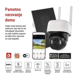 GoSmart IP-1200 zunanja vrtljiva kamera z Wi‑Fi povezavo, prikazana s solarnim panelom, mobilno aplikacijo in glavnimi funkcijami pametnega nadzora doma.