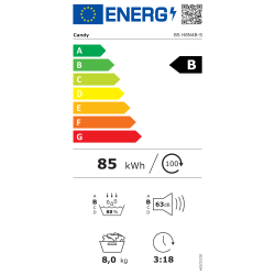 Energijska nalepka za sušilni stroj Candy BS H8N4B‑S z energijskim razredom B, porabo 85 kWh na 100 ciklov, zmogljivostjo 8 kg, učinkovit