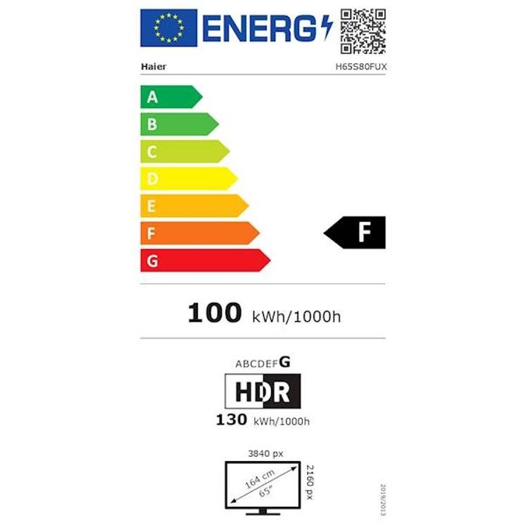 Energijska nalepka TV Haier: razred F, 100 kWh/1000h, 65" UHD HDR poraba 130 kWh/1000h.