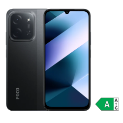 Pametni telefon Poco, barve Black, prikaz spredaj in zadaj, velik zaslon z zarezo in kvadratna zadnja kamera.
