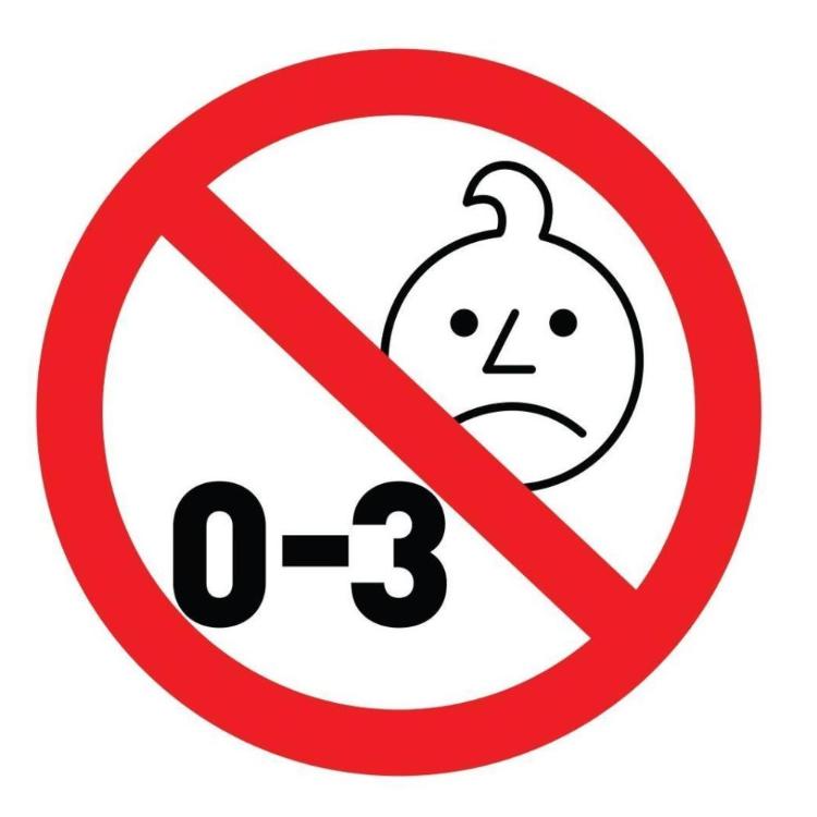 Opozorilni znak "0–3", ki označuje, da izdelek ni primeren za otroke, mlajše od 3 let.