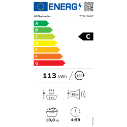  Copilot said: Energijska nalepka za sušilni stroj LG WT1210WWF z energijskim razredom C, porabo 113 kWh na 100 ciklov, zmogljivostjo 10 kg, učinkovitostjo kondenzacije 91 %, glasnostjo 62 dB in trajanjem programa 4 h 59 min.