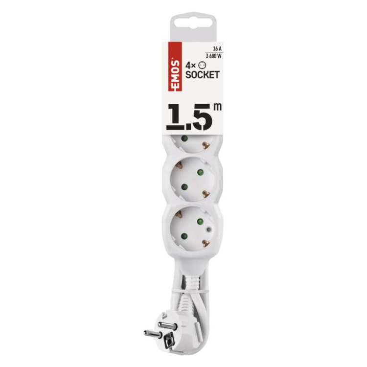 Podaljšek Emos 1,5 m / 4 vtičnice / beli / PVC / 1 mm2