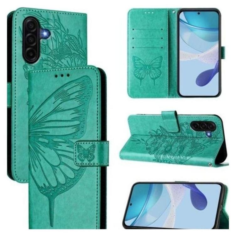 Turkizna preklopna torbica za pametni telefon Samsung Galaxy A27 5G z motivom metulja, magnetnim zapiranjem, režami za kartice in funkcijo stojala nudi celovito zaščito ter eleganten videz.