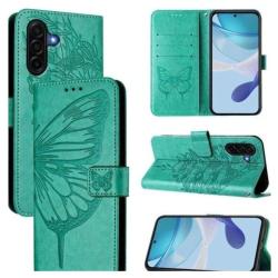 Turkizna preklopna torbica za pametni telefon Samsung Galaxy A27 5G z motivom metulja, magnetnim zapiranjem, režami za kartice in funkcijo stojala nudi celovito zaščito ter eleganten videz.