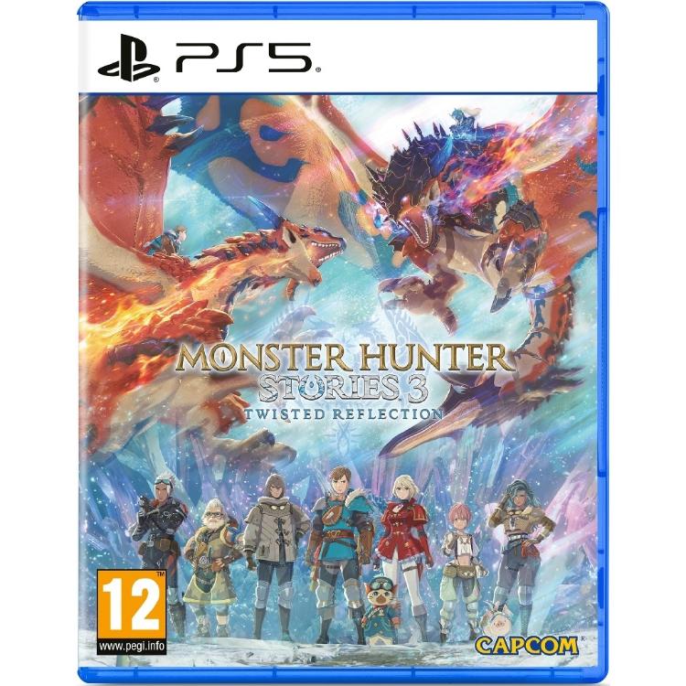 Igra Monster Hunter Stories 3: Twisted Reflection za PlayStation 5 v fizični embalaži, z epskim spopadom pošasti in skupino pustolovcev ter oznako PEGI 12.