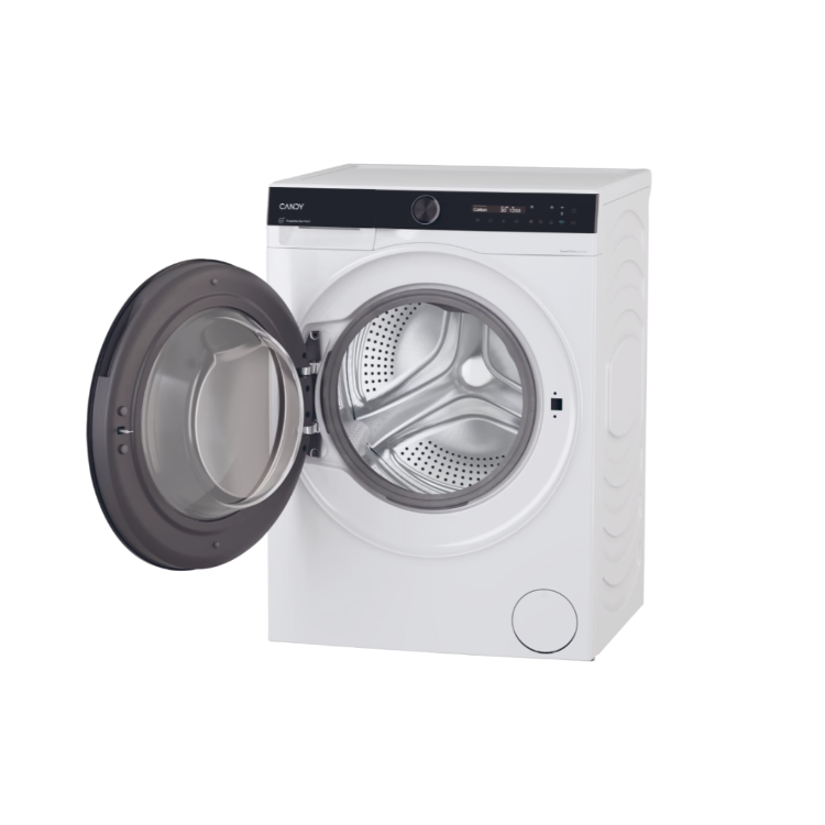 Pralni stroj Candy z odprtimi vrati in vidnim bobnom