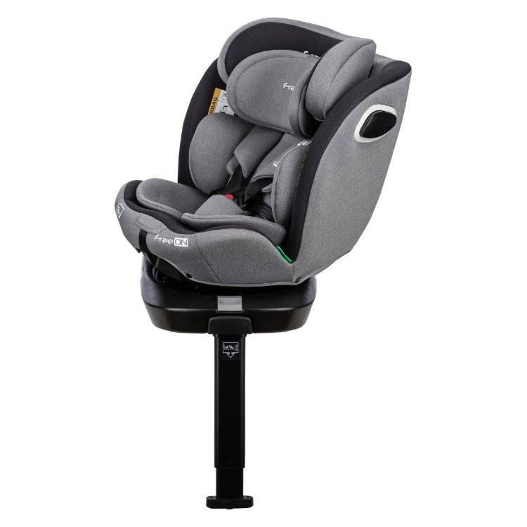 FreeON otroški avtosedež i-Size v sivo‑črni barvi z Isofix bazo in oporno nogo v rahlo nagnjenem položaju