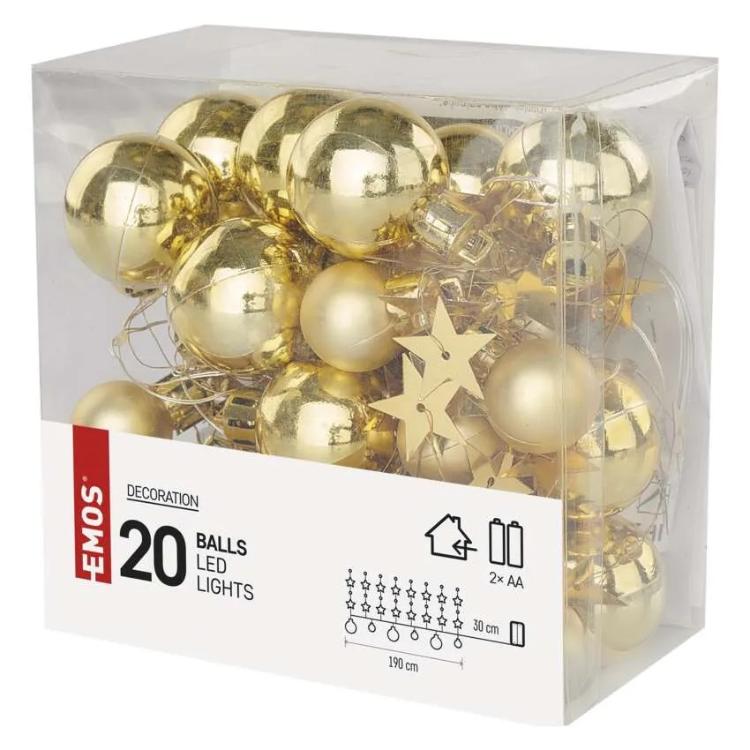 Božična girlanda Emos LED, zlate krogle z zvezdami, 1,9 m, notranja, topla