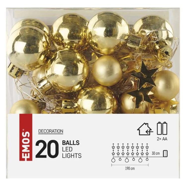 Božična girlanda Emos LED, zlate krogle z zvezdami, 1,9 m, notranja, topla