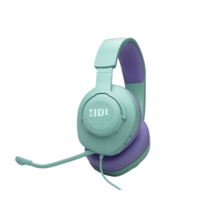 JBL naglavne slušalke z mikrofonom v mint zeleni barvi z vijoličnimi blazinicami, pogled s strani