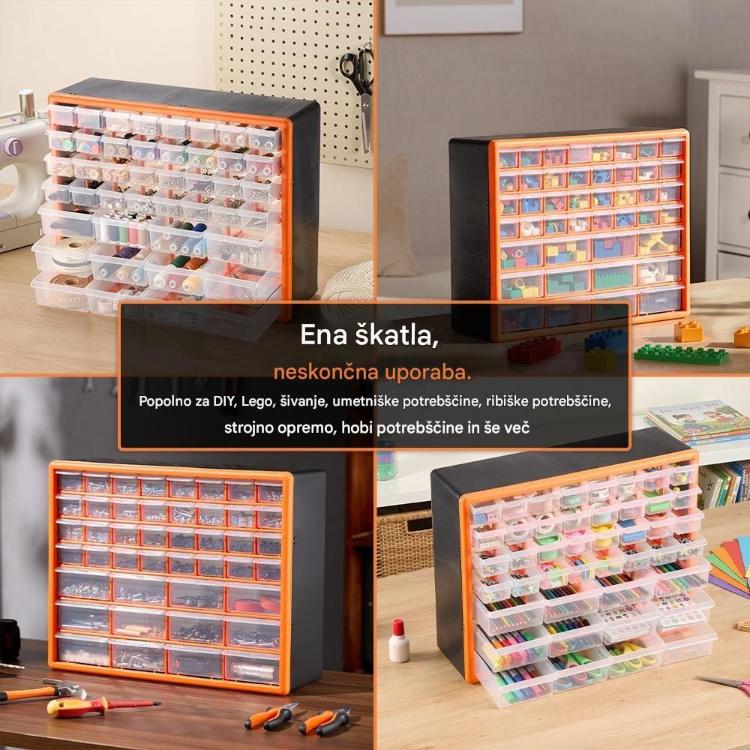 Večnamenski organizator je primeren za shranjevanje vijakov, ustvarjalnega materiala, Lego kock, šiviljskih pripomočkov in drugih drobnih predmetov.