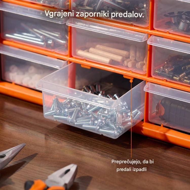Vgrajeni zaporniki preprečujejo nenamerno izpadanje predalov in zagotavljajo varnejšo uporabo.