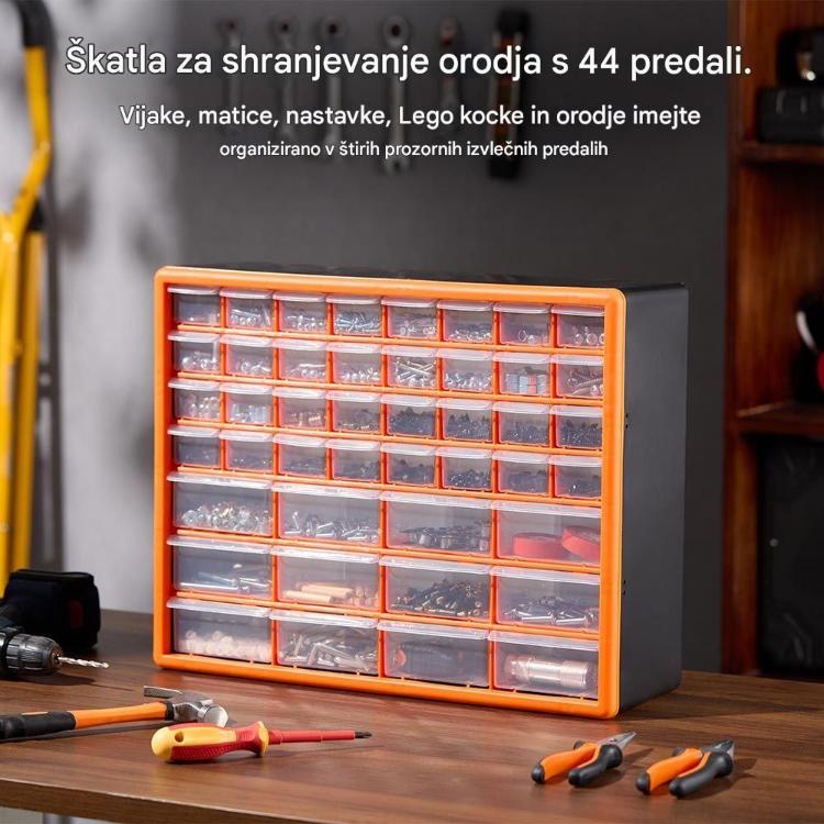 Organizacijska omarica s 44 predali pomaga ohranjati red in učinkovito organizacijo delavnice, garaže ali domače delovne mize.