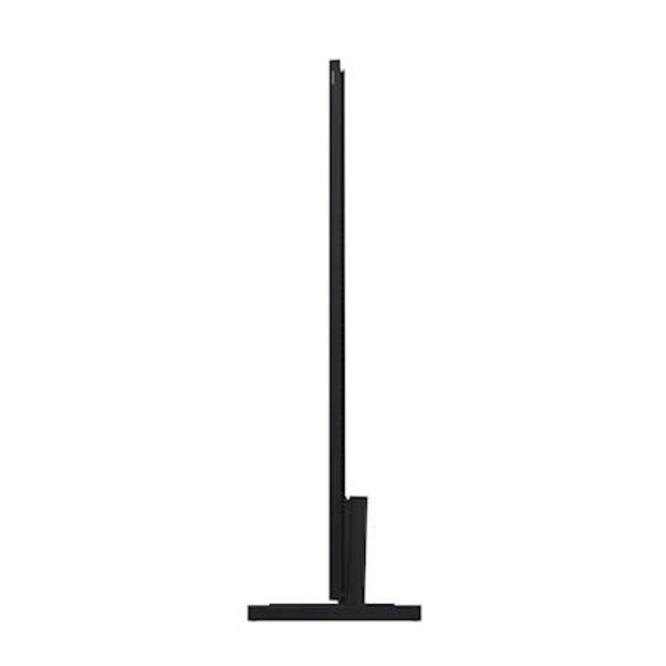 Samsung The Frame TV, stranski profil, izjemno tanek zaslon s stabilnim stojalom in galerijskim videzom.
